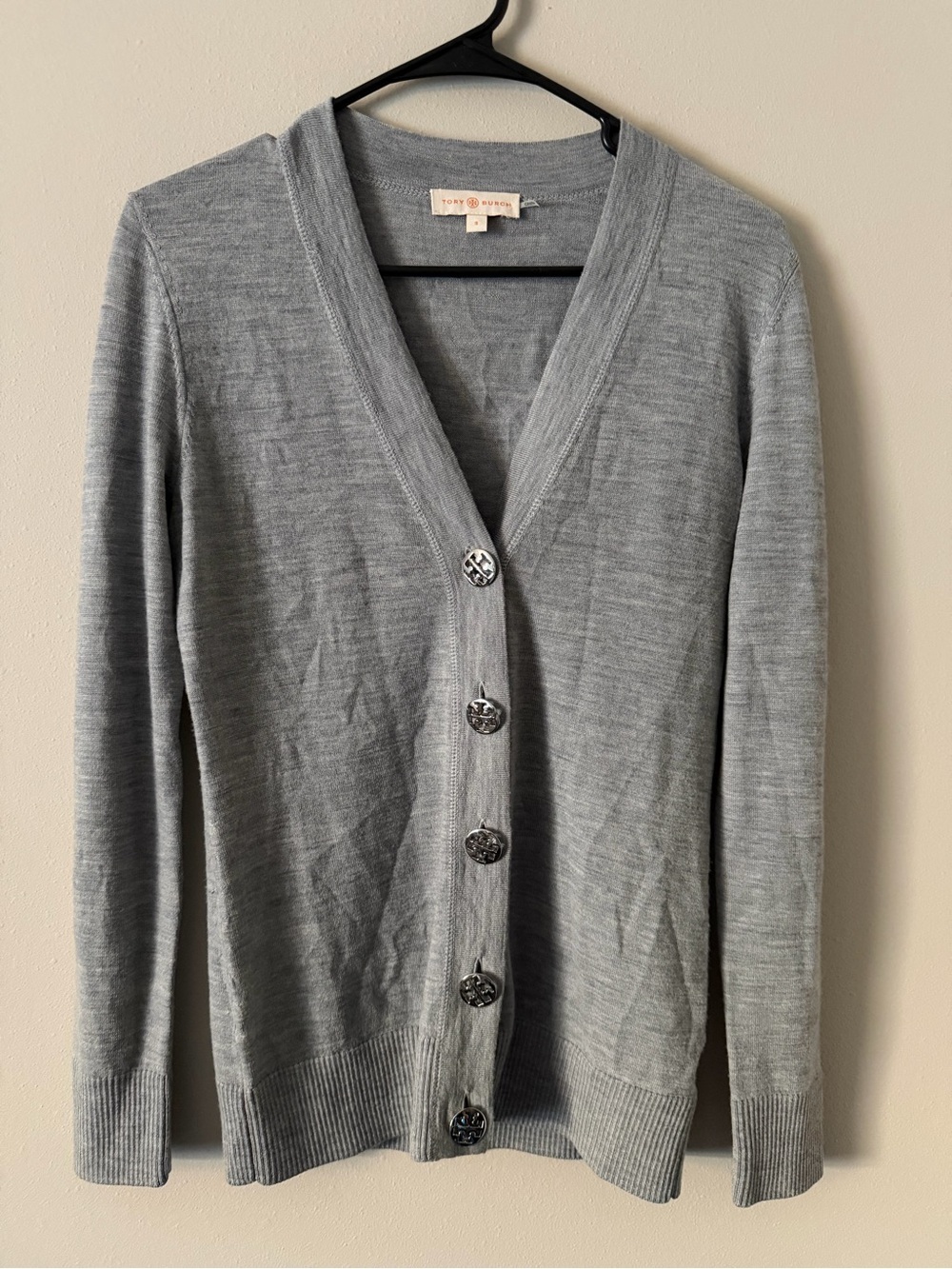 Tory Burch Gray 100% Merino Wool Long Sleeve Button Cardigan Sweater Size Small - Picture 5 of 7